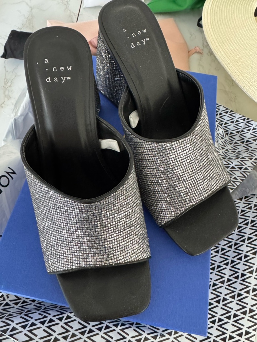 a new day Silver Glitter Block Heel Mules Size 9